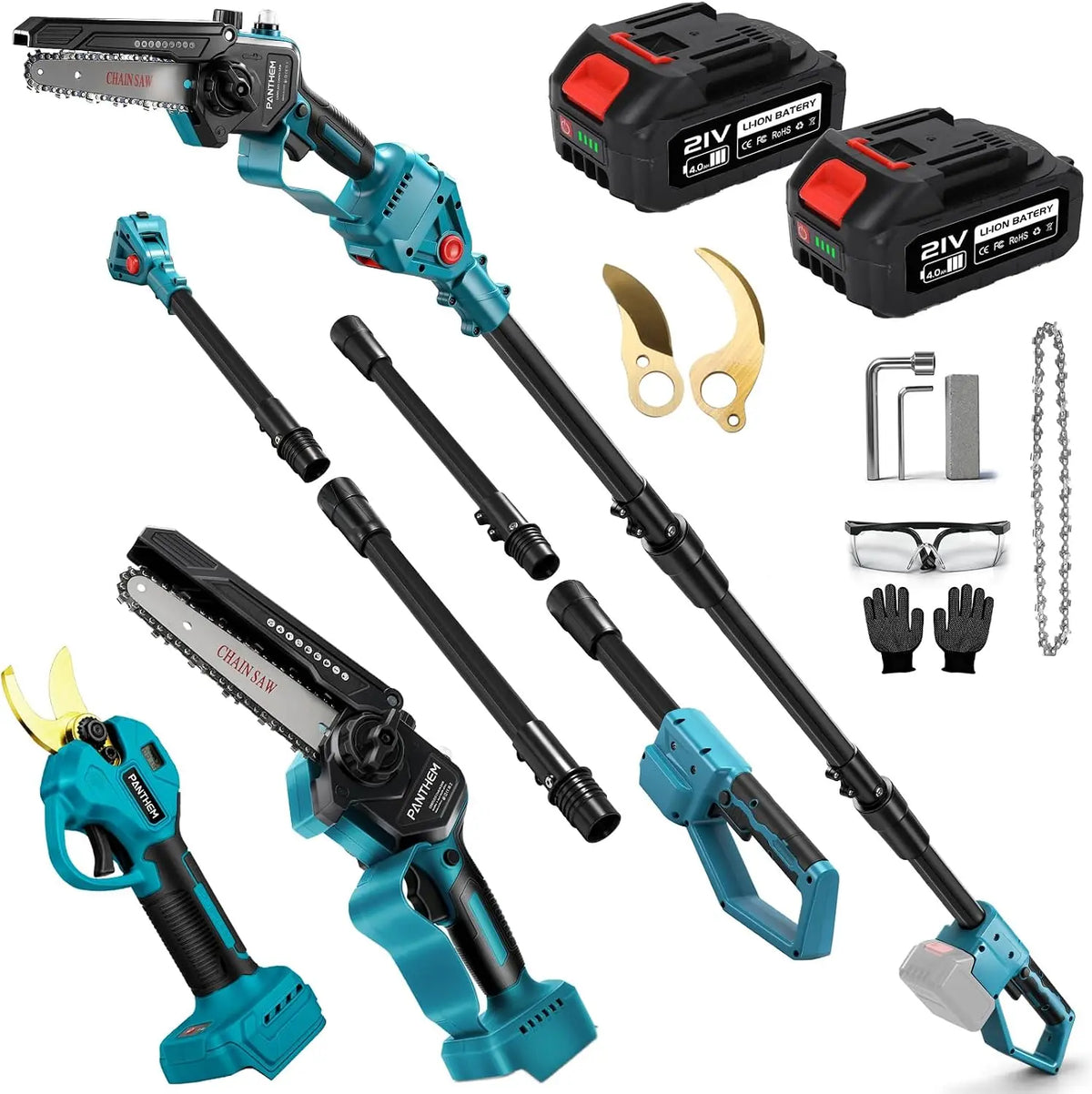 4 in 1 Akku Hochentaster 6 Zoll Mini Kettensäge & Astschere Teleskop Set