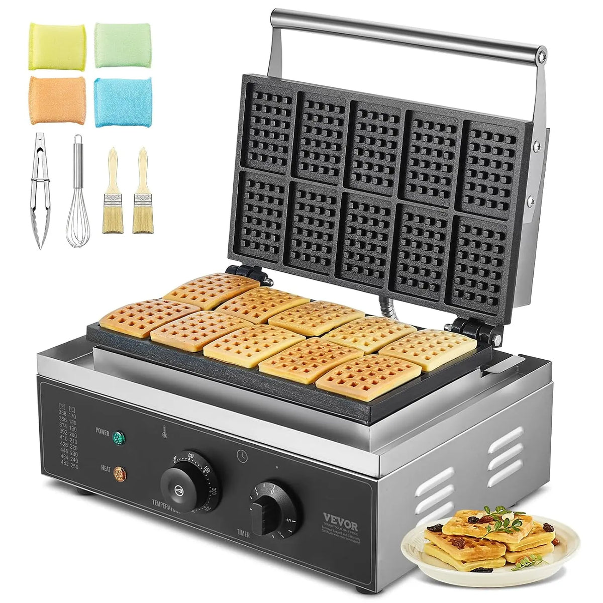 VEVOR Kommerzielles Waffeleisen 1550 W antihaftbeschichtetes Waffeleisen aus Edelstahl mit Temperatur- und Zeitregelung