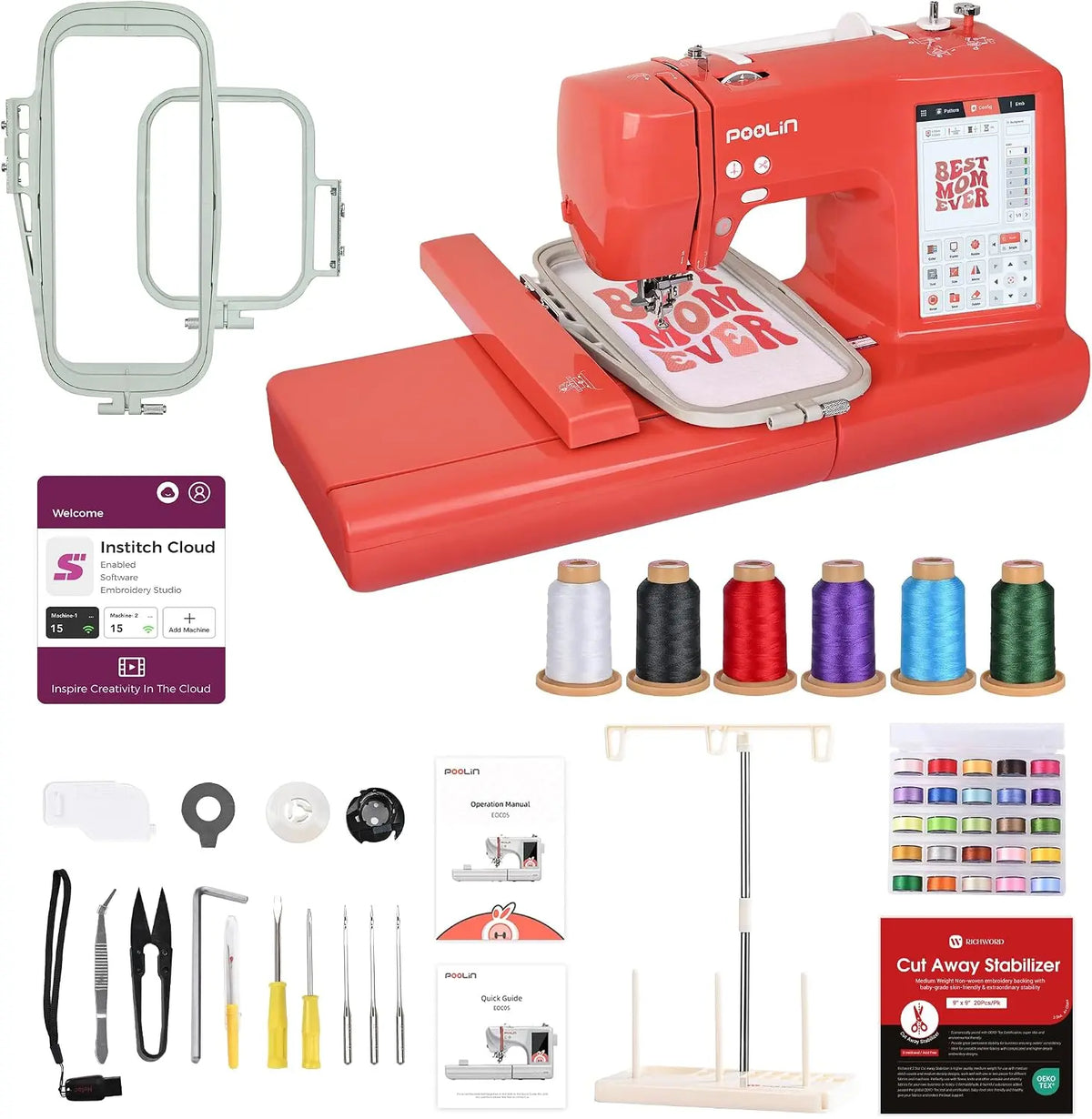 PooLin EOC05 Stickmaschine - Rot - Elektronische Stickmaschine – 7″ LCD-Touchscreen