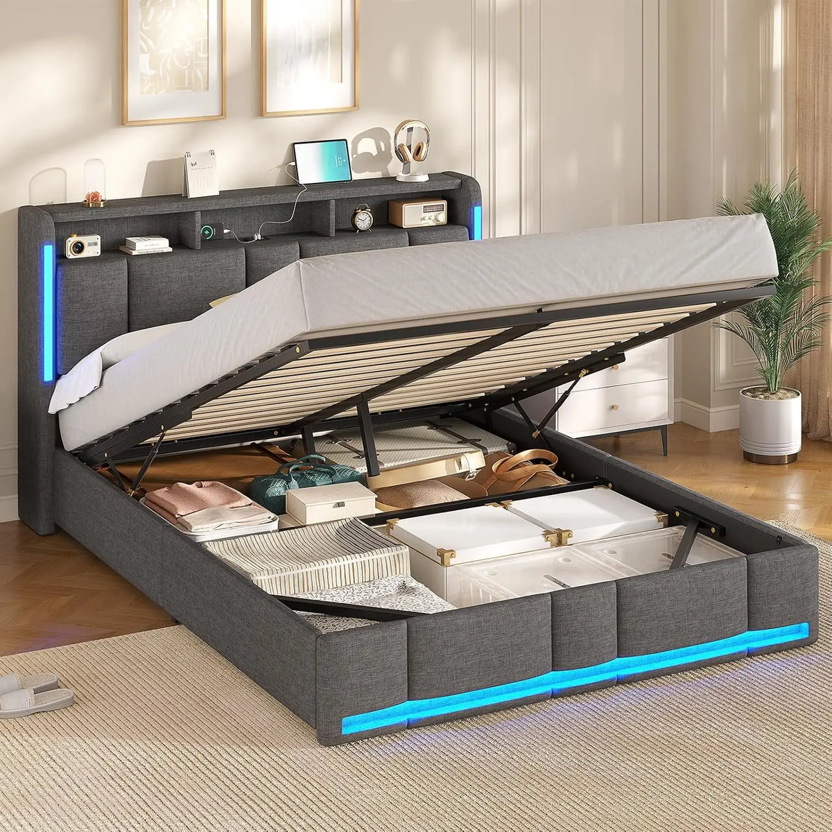 AOGLLATI Bett mit LED-Beleuchtung Dunkelgrau