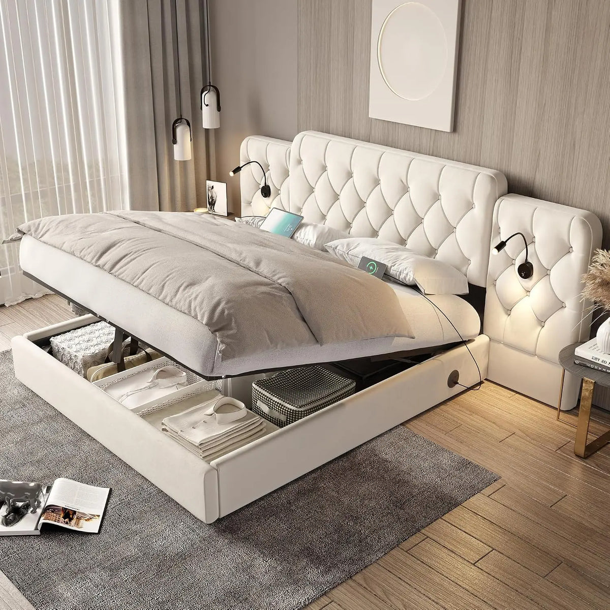 Bettzubehör Bett mit USB-Anschluss Beige